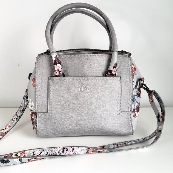 Céline Dion Floral Satchel Bag • Grey Leather • Crossbody/Top Handle - Picture 1 of 11